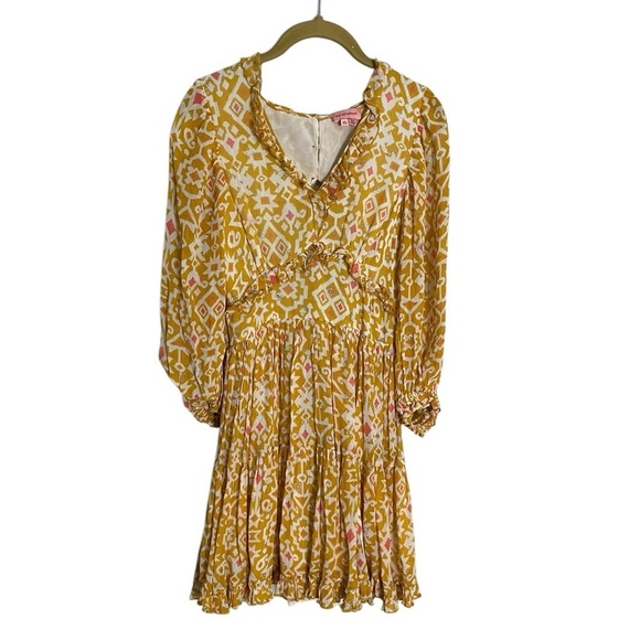 Not So Serious Yellow Ikat V Neck Dress XS - Picture 1 of 6